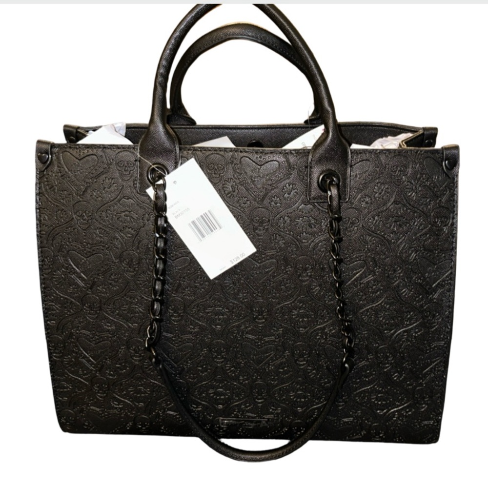 BETSEY JOHNSON XL BLACK SUGAR SKULL & HEARTS DOUBLE HANDLE/CHAIN STRAPS TOTE NWT - Picture 2 of 15